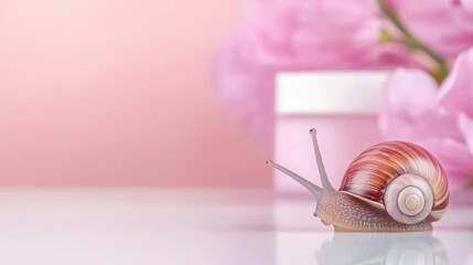 A snail on a glossy white table, with a blurred background of luxury skincare products in pastel tones, soft lighting creating a high-end aesthetic