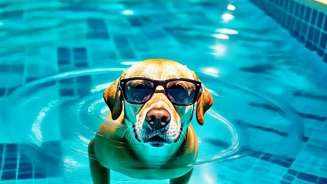 Dog wearing sunglasses swimming.Labrador navigating blue water.Pet cooling pool.Leisurely swim sunny day.Summer doggy paddle joy.