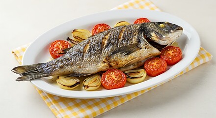 Grilled Dorado with Tomatoes & Onions Mediterranean Cuisine. Stock Photo for Seafood Menus & Recipe Blogs!