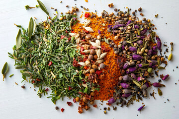 A pile of spices on a white surface
