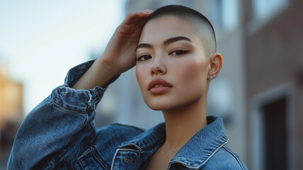デニムジャケットを着て髪に軽く触れるベリーショートの日本人女性の都会的ポートレート