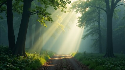 Enchanted forest pathway bathed in morning light during a serene foggy day