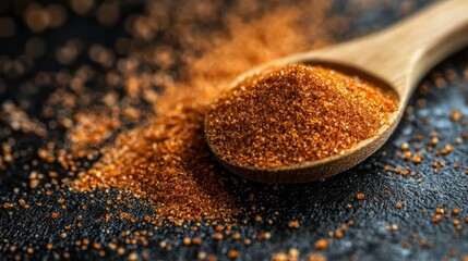 Brown sugar spoon, dark background, close-up, food photography