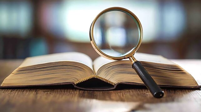 Open book with a magnifying glass creating an atmosphere quiet study on a wooden desk