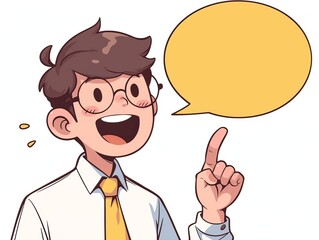 an Asian businessman with a yellow tie, speaking and pointing to the right side. Above his head is a large, empty speech bubble