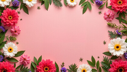 Floral border with vibrant pink, red, and white flowers on a pastel pink background, perfect for romantic and celebratory themes