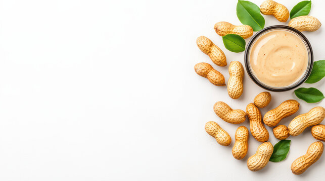 Creamy peanut butter surrounded by peanuts and green leaves, perfect for allergy awareness - Powered by Adobe