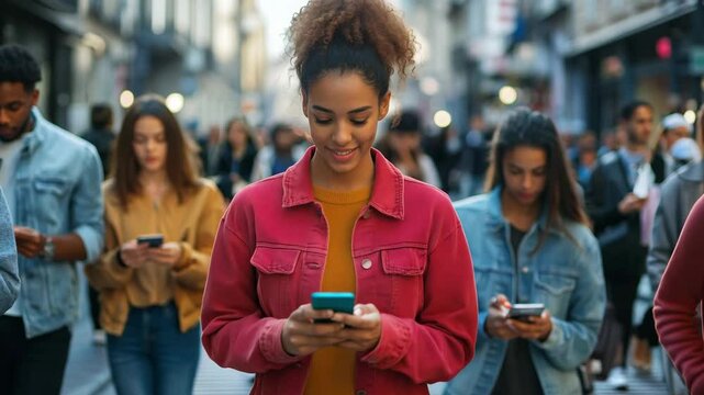 A diverse group of young adults is focused on their smartphones while walking in a busy urban environment filled with stores and people