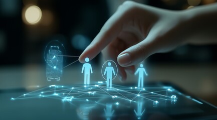 AI-Powered Human Resources Visualization in a Dark Blue Gradient, Showcasing Selection and Connectivity,暗い青のグラデーションでのAI駆動の人材視覚化、選択と接続性を紹介する.Generative AI