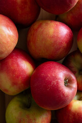 Close up of fresh small organic red apples in a wooden crate 