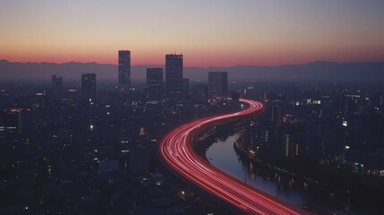 Fototapeta premium Smart digital Innovation city with connection network reciprocity over the twilight cityscape. of future smart wireless digital city and social media networking systems that connects people with city 