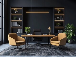 Sleek and modern office featuring comfortable upholstered chairs and a dark wall background