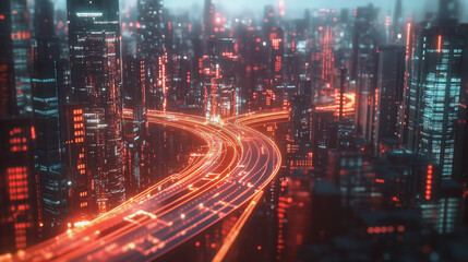 Fototapeta premium Smart digital Innovation city with connection network reciprocity over the twilight cityscape. of future smart wireless digital city and social media networking systems that connects people with city 