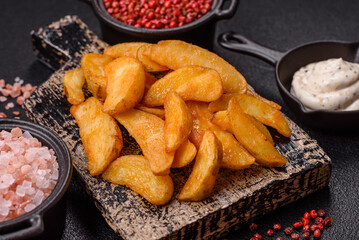 Baked potato wedges with cheese and herbs on a dark background