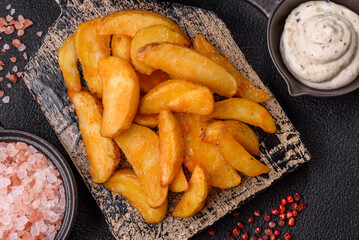 Baked potato wedges with cheese and herbs on a dark background