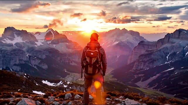 A trekker stands on a hilltop, surrounded by dramatic views of a golden sunset illuminating a vast alpine mountain range.