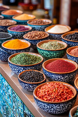 Fototapeta premium A variety of bowls filled with different types of spices on a table