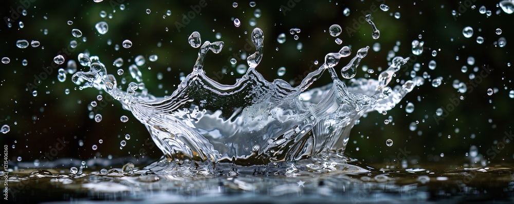 Poster water droplets falling and creating a crown-shaped splash on the surface of a body of water