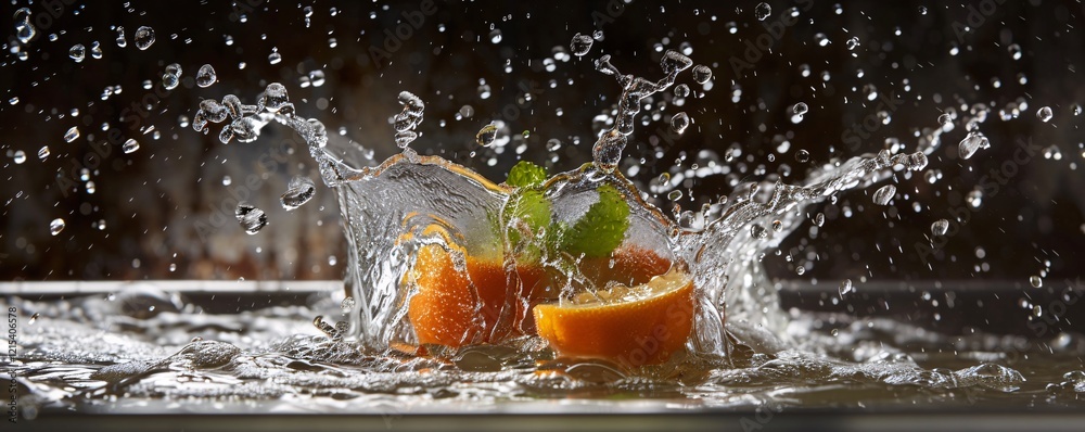 Poster Three oranges and mint leaves splashing into water, creating droplets against a dark backdrop