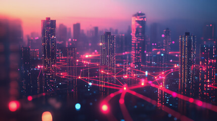 Fototapeta premium Smart digital Innovation city with connection network reciprocity over the twilight cityscape. of future smart wireless digital city and social media networking systems that connects people with city