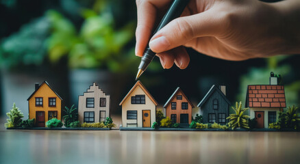 A hand holds a pen, poised to modify a miniature house among a row of carefully crafted models. Lush plants decorate the backdrop, enhancing the creative atmosphere.
