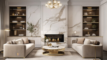 A cozy living room featuring a built-in fireplace with a sleek marble surround