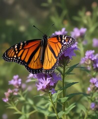 Naklejka premium Colorful monarch butterfly resting on delicate purple wildflower, nature, color, macro photography