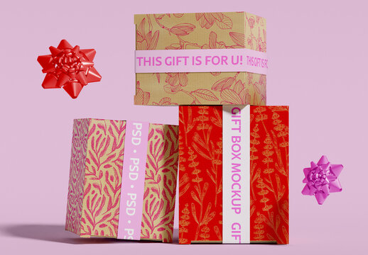 Stacked Gift Boxes with Ribbons Mockup