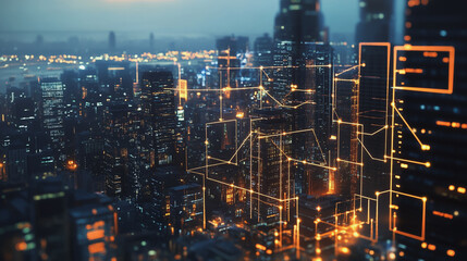 Naklejka premium Smart digital Innovation city with connection network reciprocity over the twilight cityscape. of future smart wireless digital city and social media networking systems that connects people with city