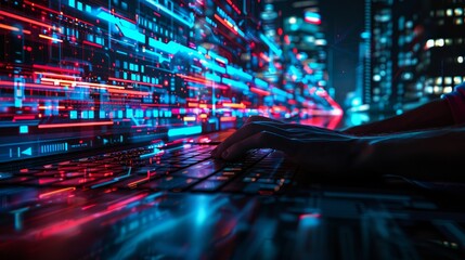 Man typing on laptop surrounded by ai holograms over a cityscape, symbolizing chatbot technology