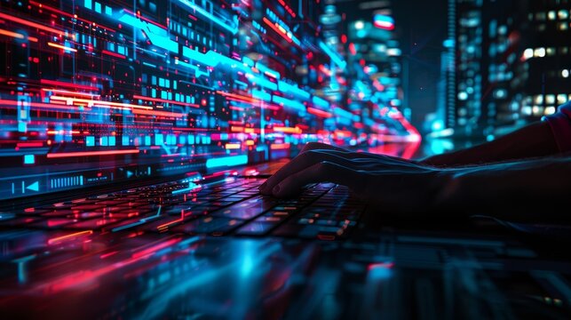 Man typing on laptop surrounded by ai holograms over a cityscape, symbolizing chatbot technology - Powered by Adobe