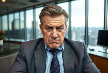 Portrait of a middle-aged man with a scowl in a modern office