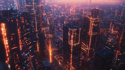 Fototapeta premium Smart digital Innovation city with connection network reciprocity over the twilight cityscape. of future smart wireless digital city and social media networking systems that connects people with city