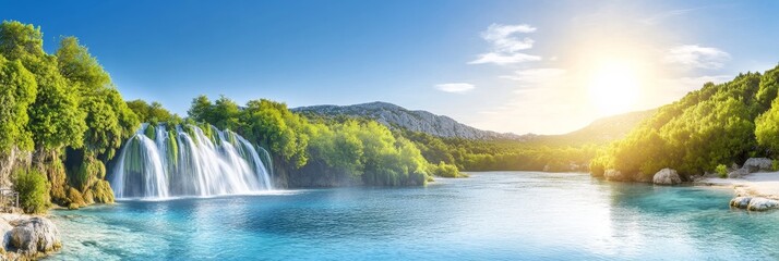 Serene Waterfall Landscape - Stunning panoramic view of a waterfall cascading into a crystal-clear turquoise lake, surrounded by lush green foliage and mountains under a bright sun.