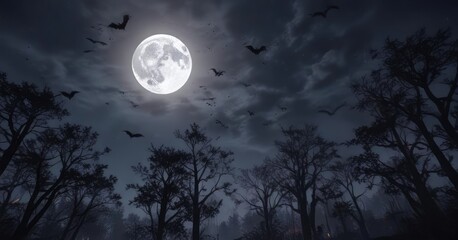 Fototapeta premium Dark forest with a large moon in the sky and a group of bats flying around the trees , , night scene, full moon