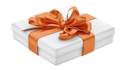 White gift box with orange ribbon 3D render icon isolated on white background