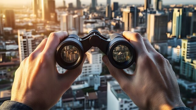 Hands holding binoculars view a cityscape at sunset