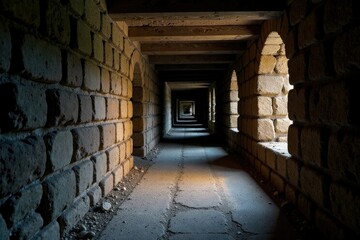 Obraz premium Dark passageway with ancient stone walls and worn wooden beams, caverns, lowceilinged