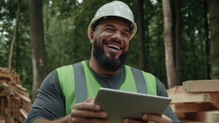 Fototapeta premium Worker smiling while using a tablet in a wooded construction site during daylight hours, showcasing productivity and teamwork