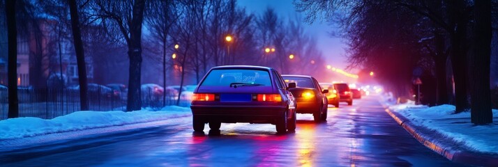 Winter Night Drive on City Street - Cars driving down a snow-covered street at night, streetlights illuminate the scene.