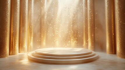 Podium with golden glitter and vertical light stripes in the background, creating an elegant atmosphere for product display. Cream background, luxury and sophistication without text on it.