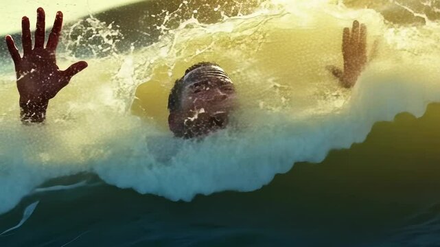 Young Black man splashing joyfully sea midday playing spiritedly ocean waves Carefree enjoyment sunlit water experiences sheer excitement surf Scene radiates lively exhilarating leisure