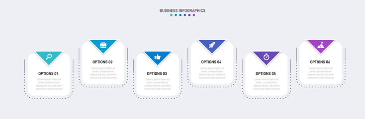 Horizontal progress bar featuring 6 arrow-shaped elements, symbolizing the six stages of business strategy and progression. Clean timeline infographic design template. Vector for presentation