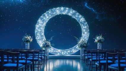 Elegant wedding ceremony with glowing arch and starry backdrop