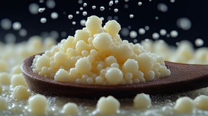 Cooking pearl tapioca in wooden spoon, bubbling