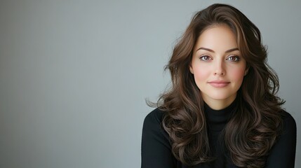 Fototapeta premium Portrait of a young woman with long brown hair and a stylish black turtleneck against a neutral background, exuding confidence and poise