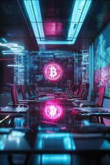 Obraz premium Bitcoin meeting, futuristic office, crypto data
