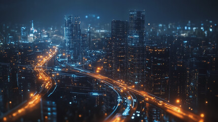 Fototapeta premium Smart digital Innovation city with connection network reciprocity over the twilight cityscape. of future smart wireless digital city and social media networking systems that connects people with city