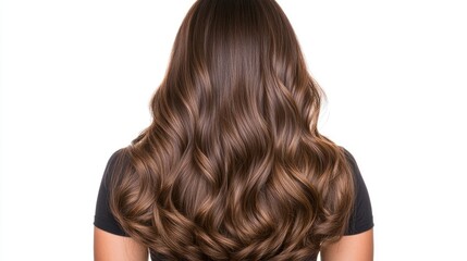 Fototapeta premium Beautiful long wavy hair displayed from the back, showcasing glossy and healthy texture under bright lighting