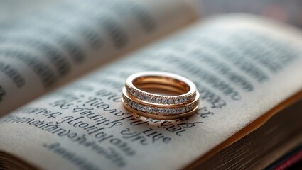 Elegant Gold Wedding Bands on Vintage Book